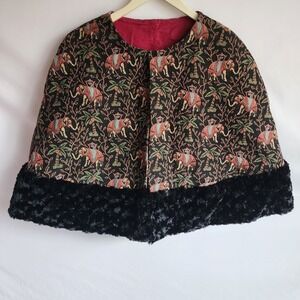 Vintage Elephant Tapestry Cape Faux Fur Trim Boho Ethnic Heavy Wrap Cotton Blend